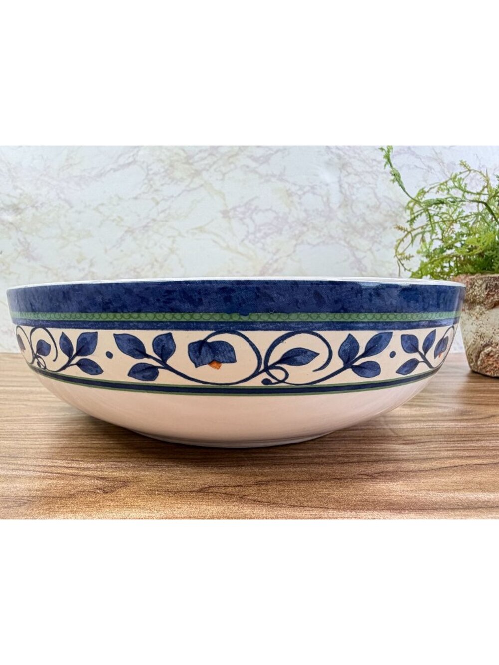 Vtg Pfaltzgraff Orleans Vegetable Serving Bowl Blue Floral Vine Stoneware 8.5"